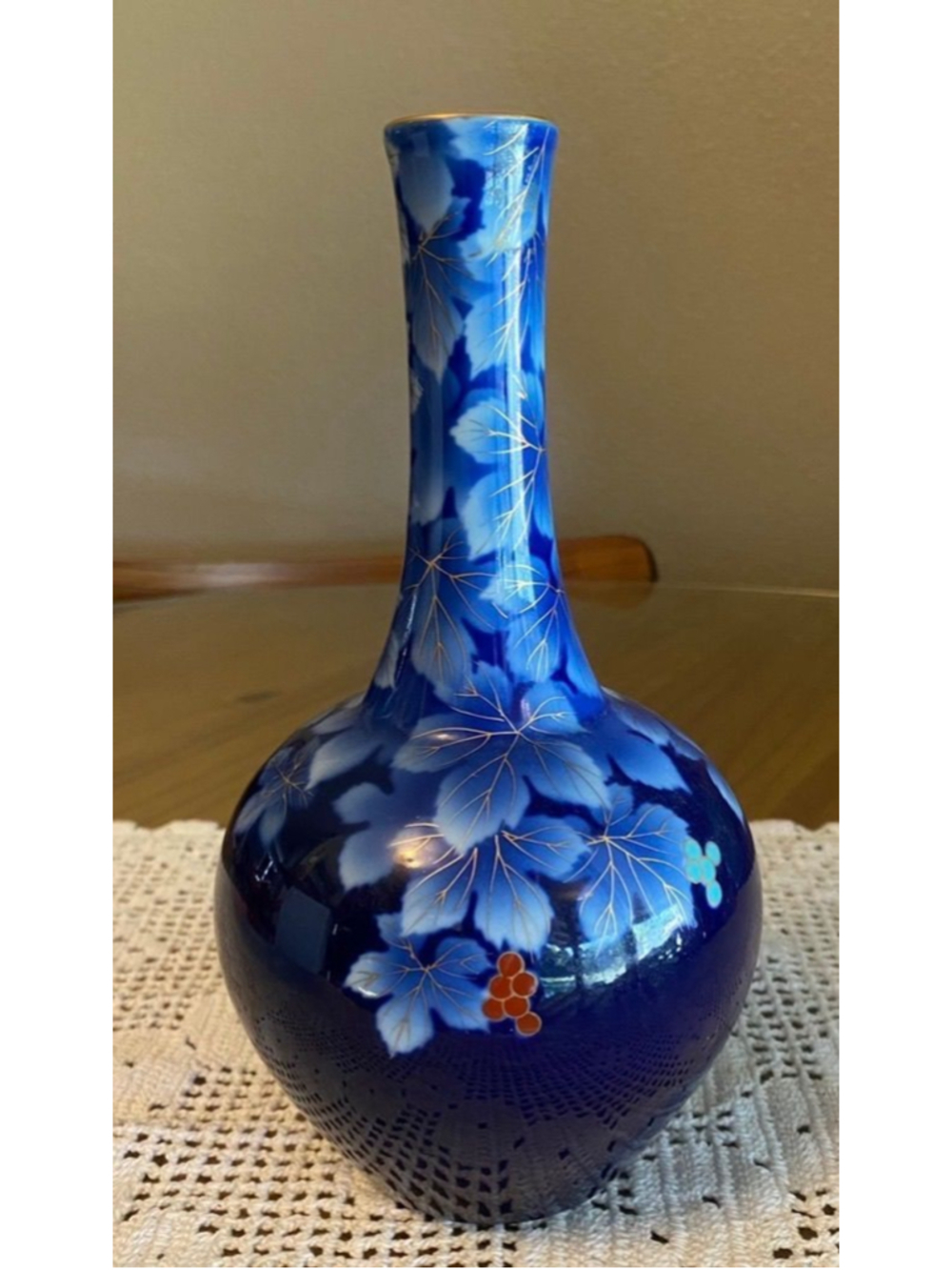 Vintage Japanese Fukagawa cobalt blue porcelain bud vase Grape leaf motif & gold